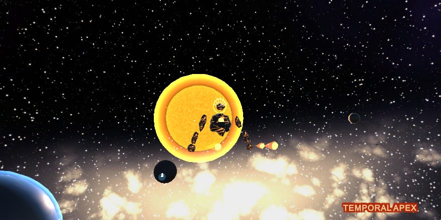 The Ember Archon, a burning stone titan, in front of the Sun